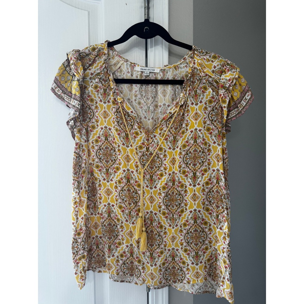 Rose + Olive Boho Paisley Rayon Peasant Top Cottagecore Coquette Fairy Large